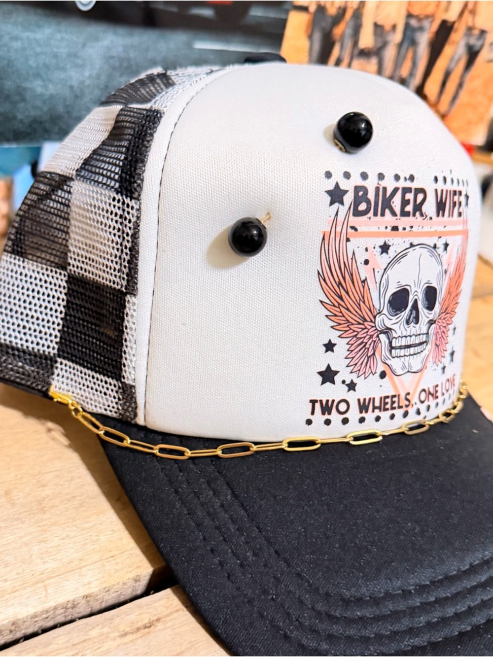Biker Wife Skull Trucker Hat - White & Black - Picture 5 of 5